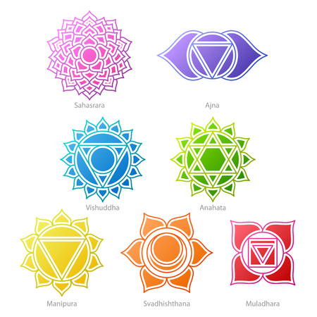 Colorful chakras symbols icons set. Spiritual meditation elements vector illustration.のイラスト素材