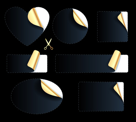 Set of blank black stickers - golden foil reverse side. Peeled off paper labels. Heart, circle, square, oval with dotted line and scissors icon. Luxury premium design.のイラスト素材