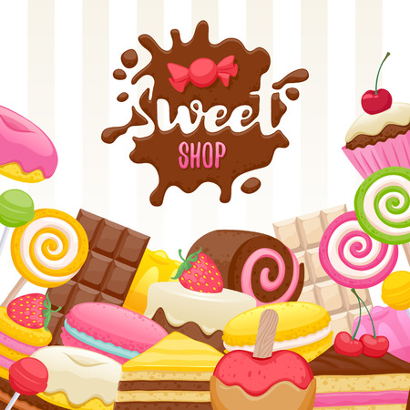 Assorted sweets colorful background with chocolate splash drop blot. Lollipops, cake, macarons, chocolate bar, candies and donut on shine background. Sweet shop.のイラスト素材