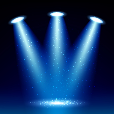 Colorful glow spotlight background with sparkles vector illustration. Blue floodlight projector.のイラスト素材