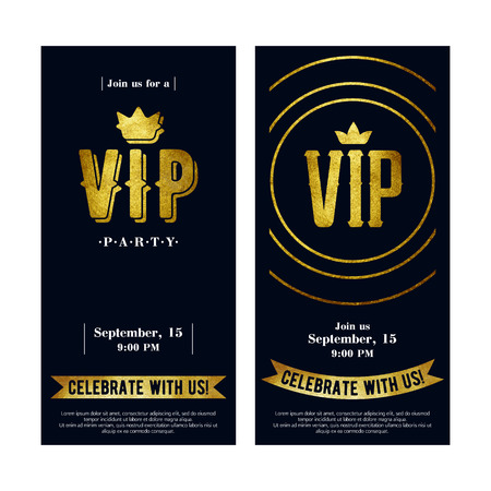 VIP party members premium invitation cards posters flyers set with golden paint letters, ribbons and crowns. Black and golden design template. Hand painted texture.のイラスト素材
