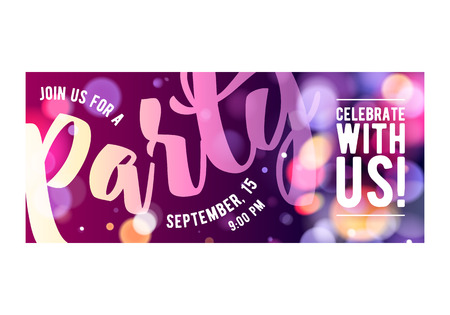 Party colorful invitation card poster flyer. Pink and purple glowing lights bokeh design template.のイラスト素材