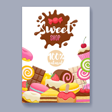 Assorted sweets colorful background with chocolate splash drop blot. Lollipops, cake, macarons, chocolate bar, candies and donut on shine background. Sweet shop. Poster cover design.のイラスト素材