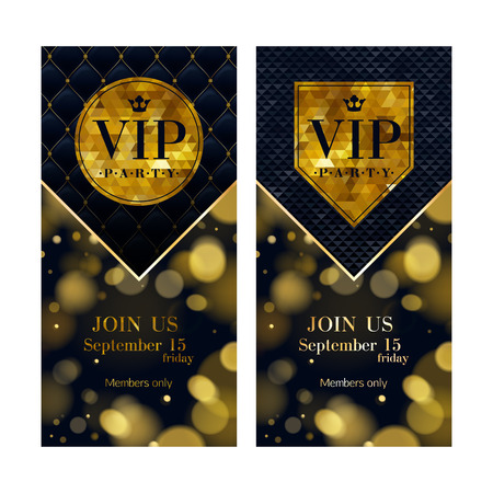 VIP party premium invitation cards posters flyers set. Black and golden design templates. Glow bokeh and quilted pattern decorative background. Mosaic faceted letters.のイラスト素材