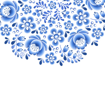 Blue flowers floral russian porcelain beautiful folk ornament. Vector illustration. Decorative composition.のイラスト素材