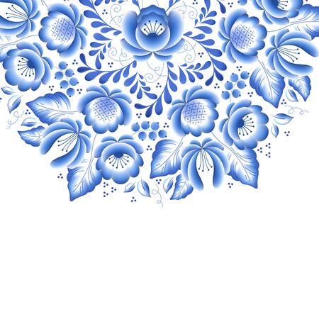 Blue flowers floral russian porcelain beautiful folk ornament. Vector illustration. Decorative composition.のイラスト素材