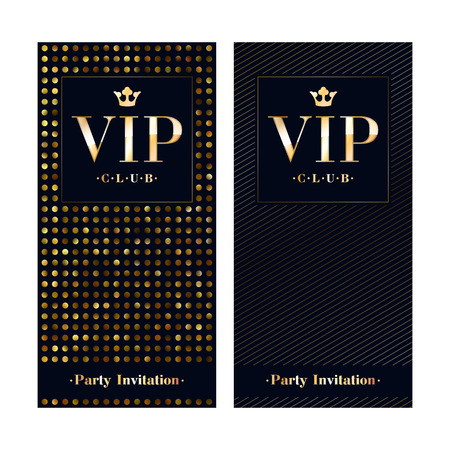 VIP club party premium invitation card poster flyer. Black and golden design template. Sequins and diagonal lines pattern decorative vector background.のイラスト素材