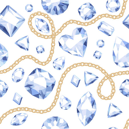 Golden chains and white gemstones seamless pattern on white background. Assorted diamonds vector illustration. Good for cover card banner poster luxury design.のイラスト素材