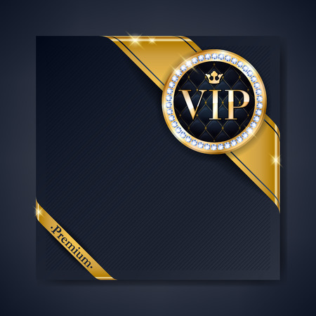 VIP club party premium invitation card poster flyer. Black and golden design template. Golden ribbons with round stamp label decorative vector background.のイラスト素材