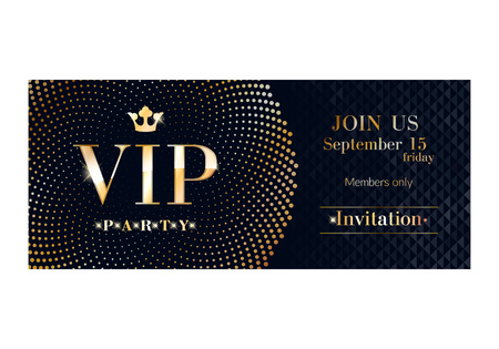 VIP club party premium invitation card poster flyer. Black and golden design template. Sequins and circles pattern decorative vector background.