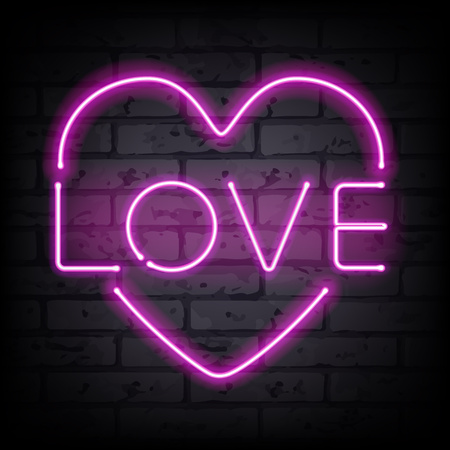 Love heart pink neon sign letters on brick wall vector illustration.のイラスト素材
