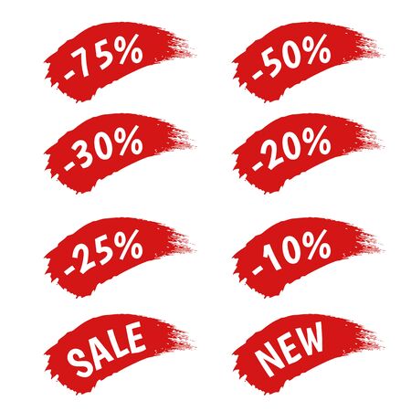 Red paint sale discount labels set vector illustration. Paintbrush strokes stickers - good for ad, catalog, web design.のイラスト素材
