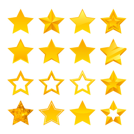Stars icons set vector illustration. Assorted symbols. Golden yellow color. Good for ranking and logo design.のイラスト素材