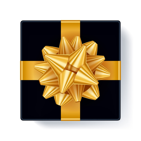 Gift box with golden ribbon bow top view vector illustration Beautiful realistic present box template for birthday christmas new year design.のイラスト素材