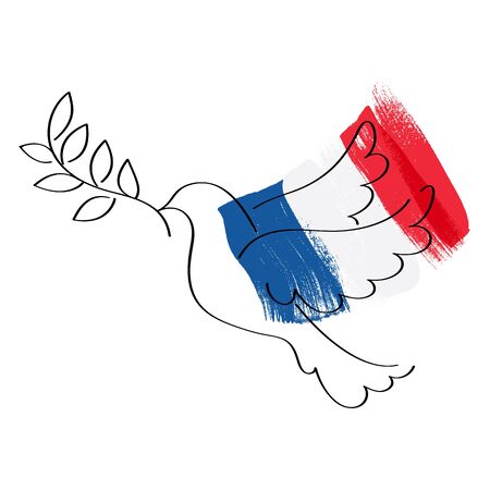 Dove symbol of peace and flag of France vector illustration. World support for France - sorrow grief symbol. Terrorist attack in Nice on July 14, 2016. Paint brush texture.のイラスト素材
