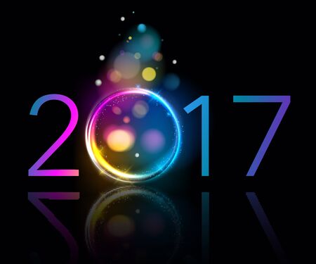 Colorful glow 2017 new year blur background vector illustration. Calendar greeting card design typography template. Round frame with shining stars and sparkles with bokeh.のイラスト素材