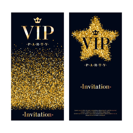 VIP party premium invitation card poster flyer. Black and golden design template. Glow glitter dust decorative background.のイラスト素材