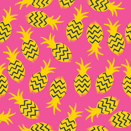 Pineapples colorful seamless pattern. Tropic fruits background. Paint hand drawn style.のイラスト素材