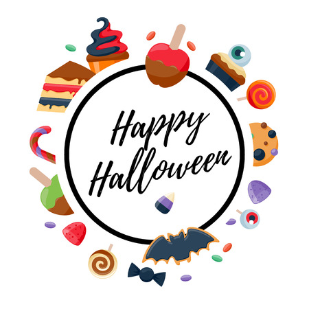 Halloween sweets colorful party background. Candy corn caramel jelly bean cupcake apple cookie, good for holiday design. Halloween greetings.のイラスト素材