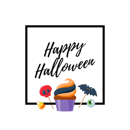 Halloween sweets colorful party background. Candy corn caramel jelly bean cupcake apple cookie, good for holiday design. Halloween greetings.のイラスト素材