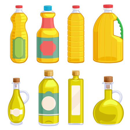 Vegetable oil assorted bottles set. Olive oil, sunflower oil, corn oil, soybean oil vector illustration.のイラスト素材