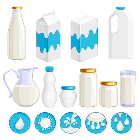 Milk dairy products icons set. Yogurt cream kefir milk in assorted containers - jug jar box plastic and glass. Milk drop symbols. Vector illustration.のイラスト素材