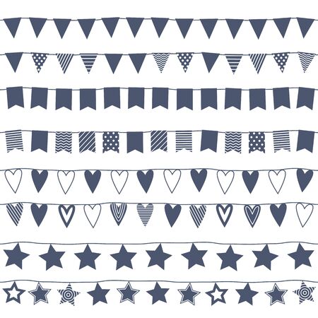 Garlands seamless horizontal borders set. Party new year christmas birthday decorations. Garlands design with flags stars and hearts.のイラスト素材