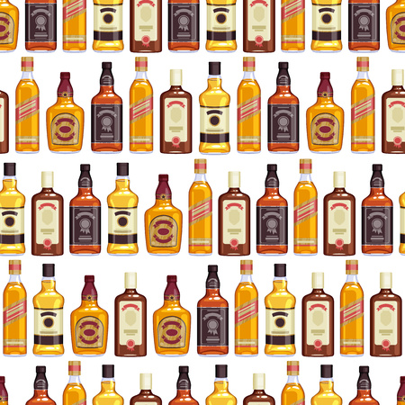 Whisky bottles seamless pattern background. Strong alcohol illustration. Drink bar party menu design.のイラスト素材