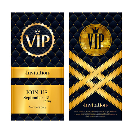 VIP party premium invitation card poster . Black and golden design template. Quilted pattern decorative background with gold ribbon and round badge.のイラスト素材