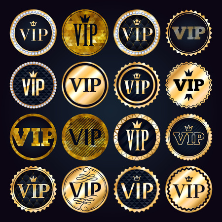 VIP premium golden badges set. Black and golden design template. Quilted pattern decorative background with gold ribbon, crown and diamonds.のイラスト素材