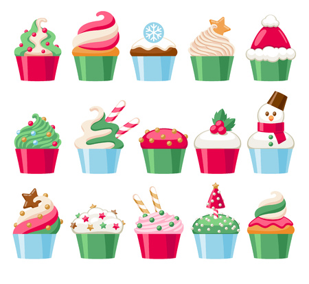 Colorful christmas cupcakes icons set. Sweet holiday bakery. Good for greeting poster banner advertising design.のイラスト素材