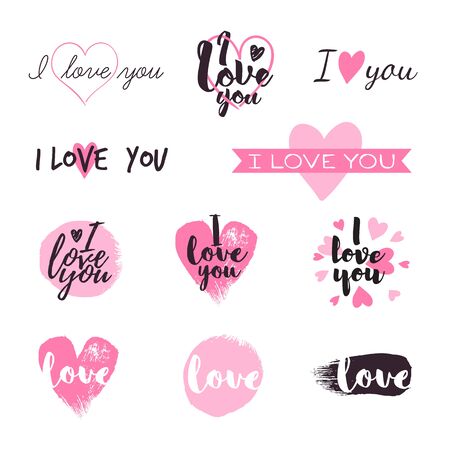 I love you message and heart icons badges set. Vector illustration. Good for valentine's day poster banner greeting card design.のイラスト素材