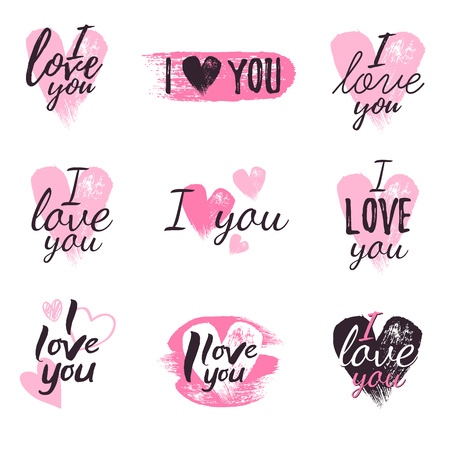 I love you message and heart icons badges set. Vector illustration. Good for valentine's day poster banner greeting card design.のイラスト素材