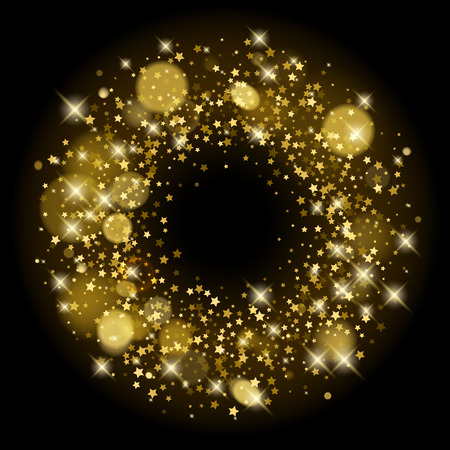 Golden stars sequins glitter round ring background template. Firework burst vector illustration with stars and bokeh. Good for luxury poster banner advertising design.のイラスト素材