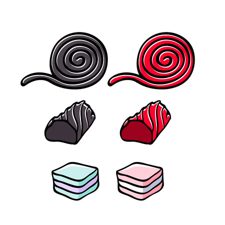 Licorice and marshmallow candies set vector illustration.のイラスト素材