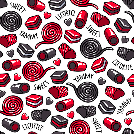 Licorice candies seamless background vector illustration. Roll, stick and layer candy pattern. Hand drawn doodle sketch.の写真素材