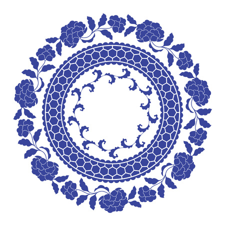 Chinese porcelane round frame with leaves and flowers. Vintage style illustration.のイラスト素材