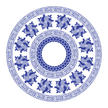 Chinese porcelane round frame with folk ornaments and pomegranats. Vintage style illustration.のイラスト素材