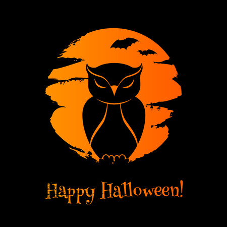 Halloween 
with owl, moon and bats. Good for greetings design. Paintbrush strokes texture.のイラスト素材