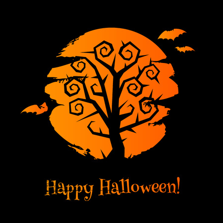 Halloween with scary tree, moon and bats. Good for greetings design. Paintbrush strokes texture.のイラスト素材