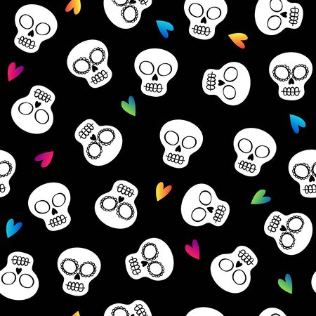 Skulls and hearts seamless pattern on black background.のイラスト素材