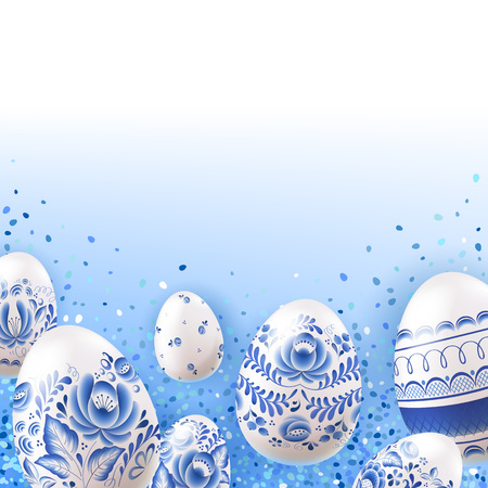 Easter background with blue floral decorated eggs illustration.のイラスト素材