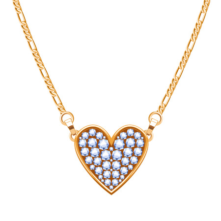 Golden chain necklace with diamonds gemstones pendant, heart shape.のイラスト素材