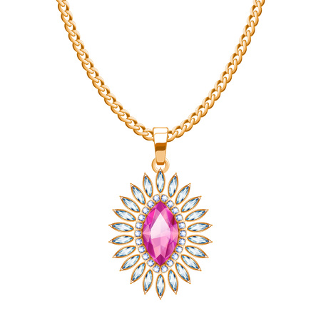 Golden chain necklace with ruby gemstone pendant.のイラスト素材