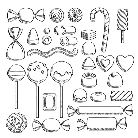 Black and white candies set - hard candy, chocolate bonbons, licorice, marshmallow twists, cake pops, dragee. Vector illustration in sketch style. Assorted sweets.のイラスト素材