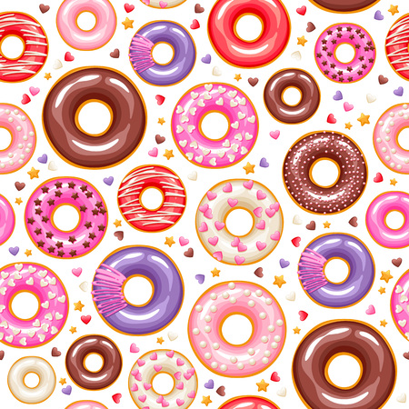 Valentine's day colorful glazed donuts with sprinkles seamless pattern. Sweet bakery vector background.のイラスト素材