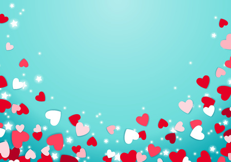 Scattered red and pink hearts and glowing stars background. Valentines day design.のイラスト素材