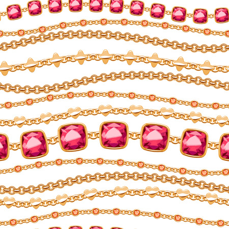 Assorted golden chains and rubies on white background seamless pattern. Good for cover card banner luxury design. Necklace or bracelet vector illustration.のイラスト素材
