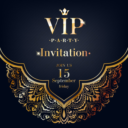 VIP party premium invitation card poster flyer. Black and golden design template. Golden mandala ethnic decorative background.のイラスト素材