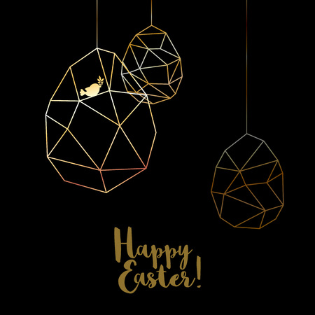 Golden wire eggs with bird. Easter party greetings poster template. Holiday greeting card brochure cover vector design.のイラスト素材